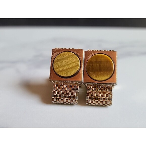 Tiger's Eye Gold Tone Mesh Metal Cufflinks Vintage 1970's - Picture 2 of 10